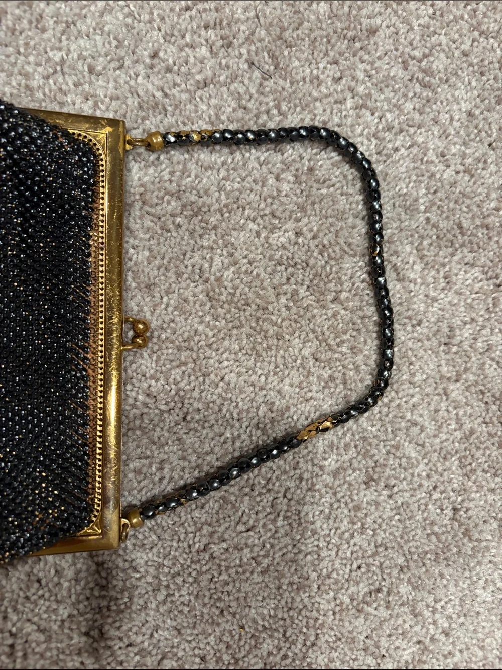 Vintage Whiting & Davis Metal Mesh Black Gold Evening Bag Copper Satin Lining